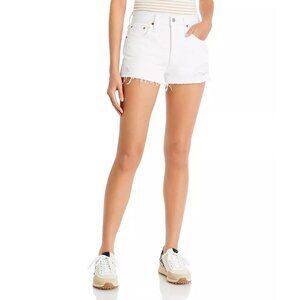 Levi's 501 Distressed Button Fly High Waist Frayed Hem Side Slit Denim Shorts